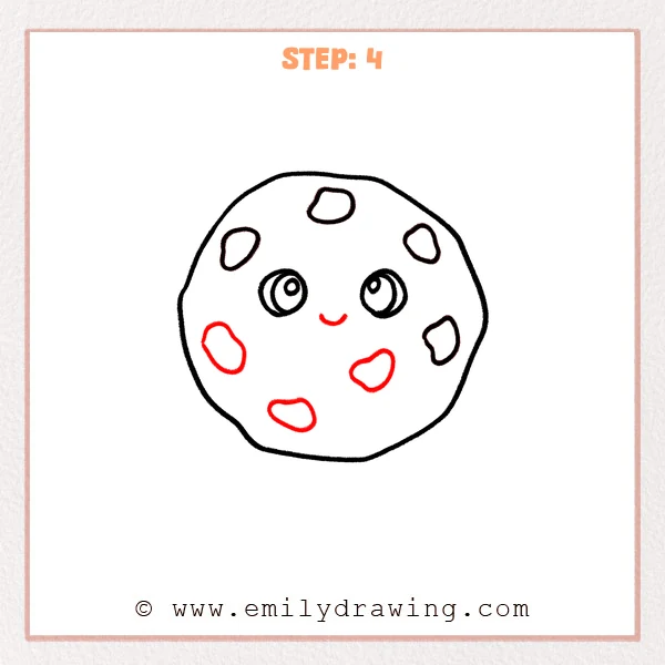 how to draw a cartoon cookie - Step 4 adds a tiny curved smile under the eyes, giving the cartoon cookie a cheerful expression.